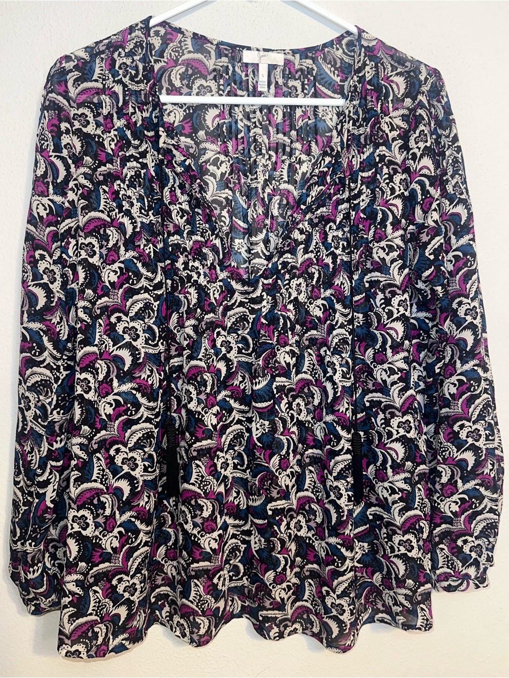 Joie Black Floral Blouse with Purple Accents